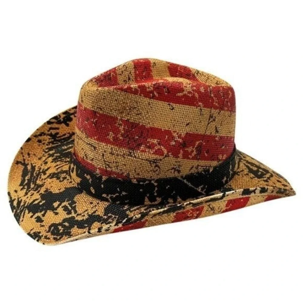 Tea Stained Paper Straw American Flag Fashion Cowboy Hat Vintage Look OS NWT